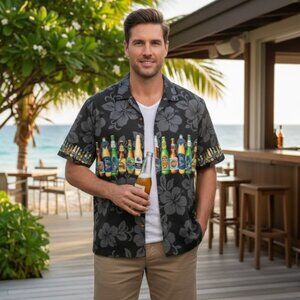 KYs Hawaiian Shirt Floral Beer Button Front Made In Hawaii Mens Size L